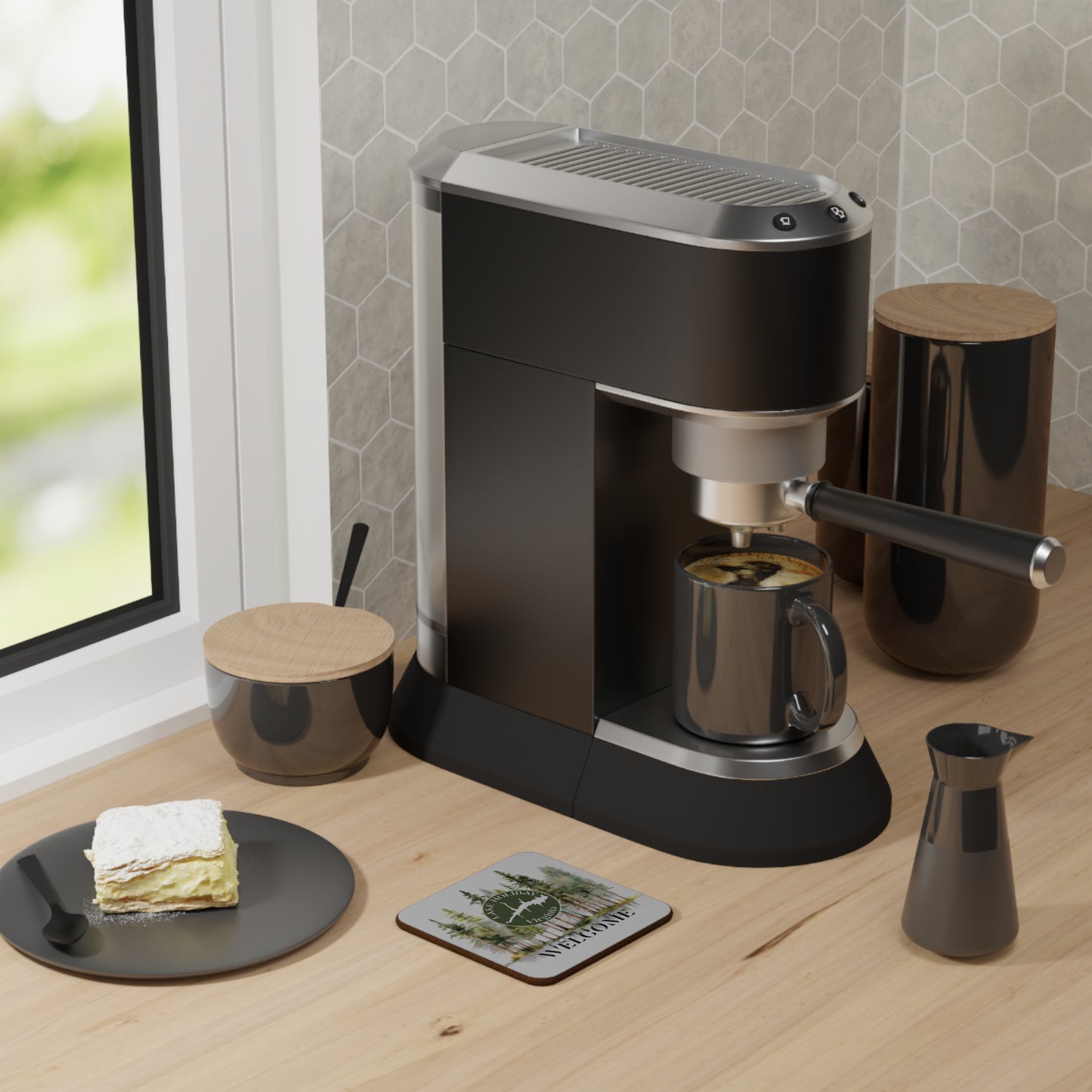 Lake Holiday Virginia Welcome Coaster — Woodland Pine Cabin Drink Coaster